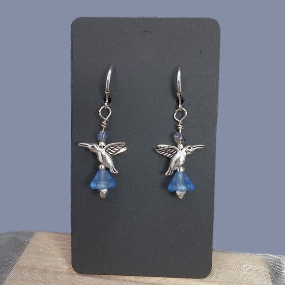 NEW Whimsical Hummingbird Floral Earrings Dangle Artisan Blue Glass Silver Charm - Picture 3 of 9